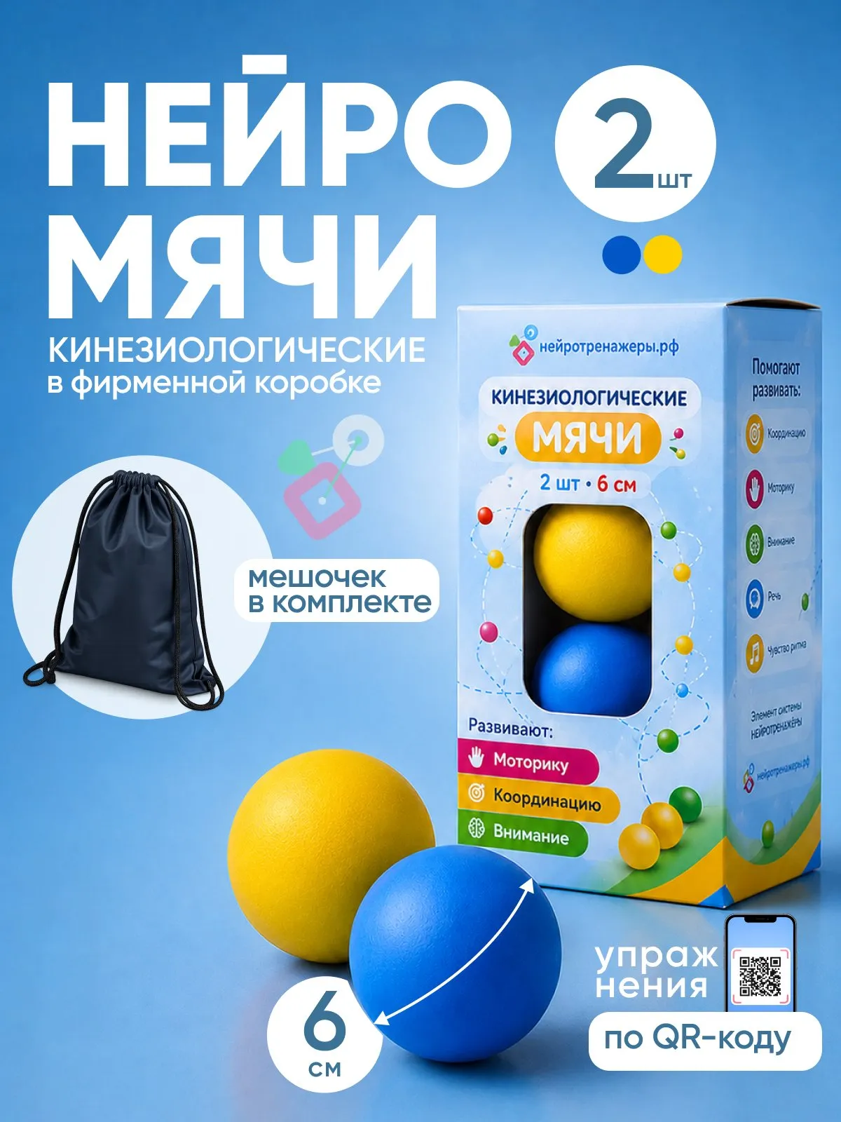 Кинезиологический мяч 2 шт, синий и жёлтый