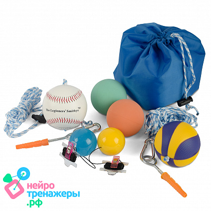 Комбо набор мячей: Кинезиологические мячи 2 шт +  с фиксацией на одежде 2 шт + мяч-маятник + мягкий  мяч-маятник (стресс болл)